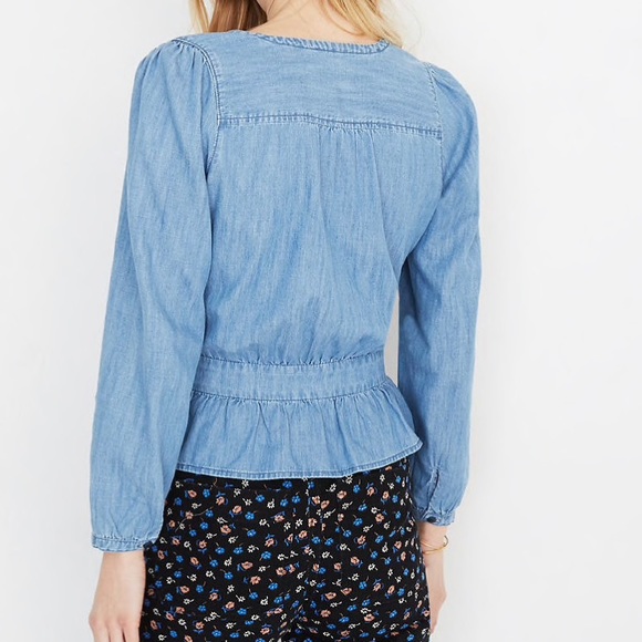 Madewell Denim Puff-Sleeve Peplum Wrap Top - Picture 3 of 6